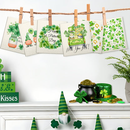 Six-Pack of St. Patrick's Day Kitchen Towels made from Reusable Wood Pulp Fiber. Features Cartoon Gnomes and Clover Print, Square Shape, Fade Resistant, Non-Textile Weaving. Perfect for Kitchen Use as Dishwashing Cloths.