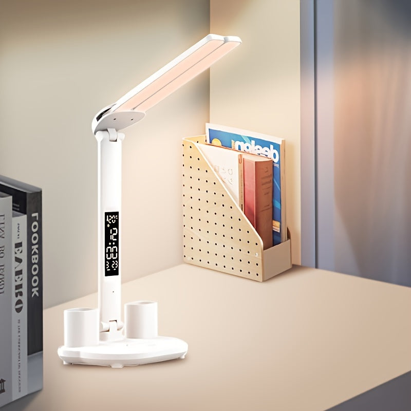 LED desk lamp with eye protection, foldable design, time display, and various functions for use in student dormitories, bedrooms, and workspaces.