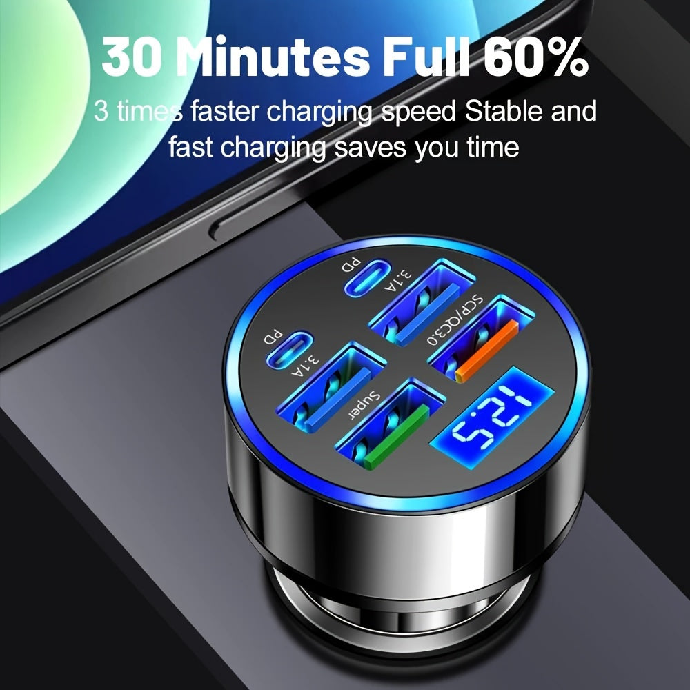 6-in-1 car charger with display, fast USB 3.0/3.1A charging, dual PD, universal compatibility for smartphones, tablets, and more.