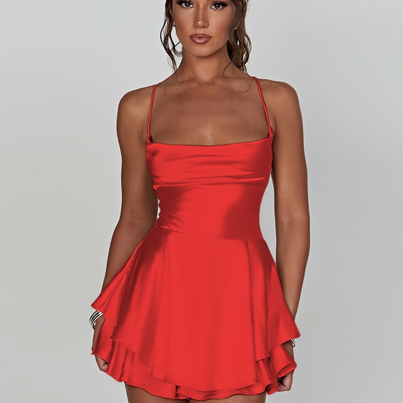 Tiered dress with spaghetti straps, cowl neck A-line mini dress, Coquette/Cute/Y2K style women's party dress.