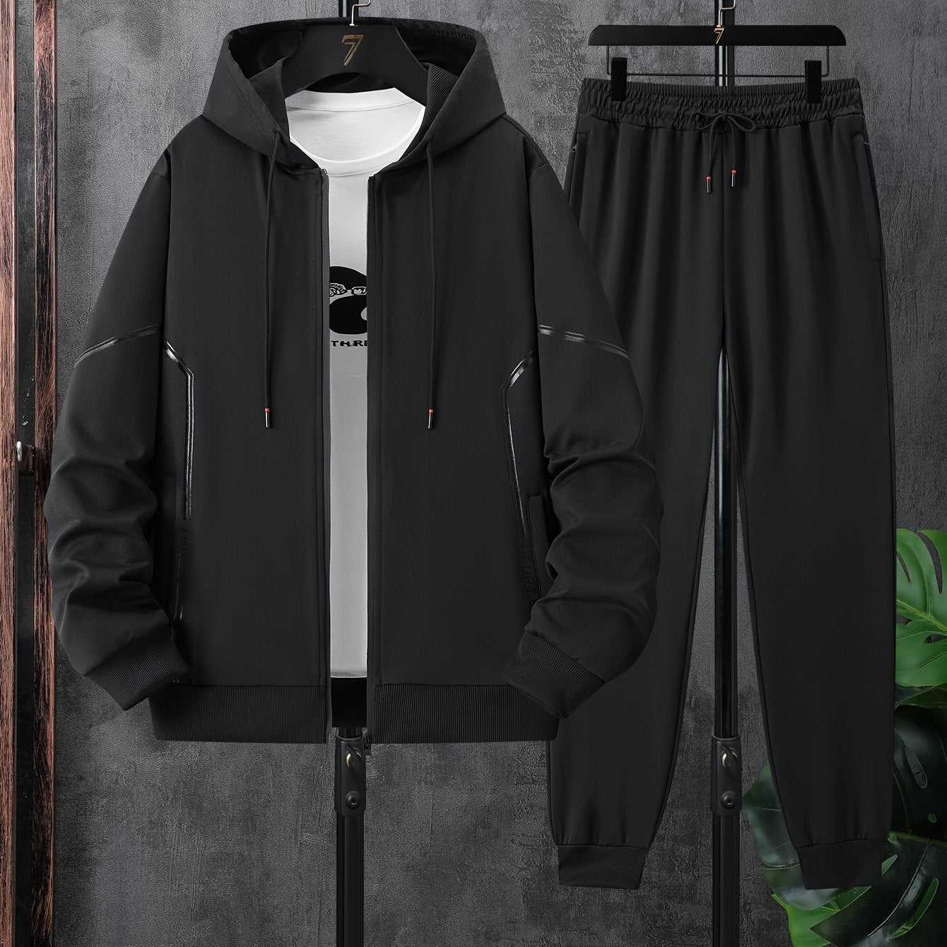 Men's Black Striped Athletic Hoodie and Pants Set - Zip-Up Jacket with Side Panels & Joggers, Polyester Blend, Casual Sportswear|Modern Tracksuit|Sleek Fabric