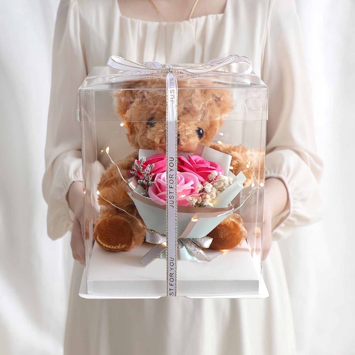 Valentine's Day Gift Box featuring a Adorable Bear Bouquet, Soap Flower Bear Holding Flower Main Gift, Ideal for Christmas, Birthdays, Nurse's Day, Teacher's Day, and other Special Occasions. Simple Assembly Required. Great All-Purpose Gift Box.