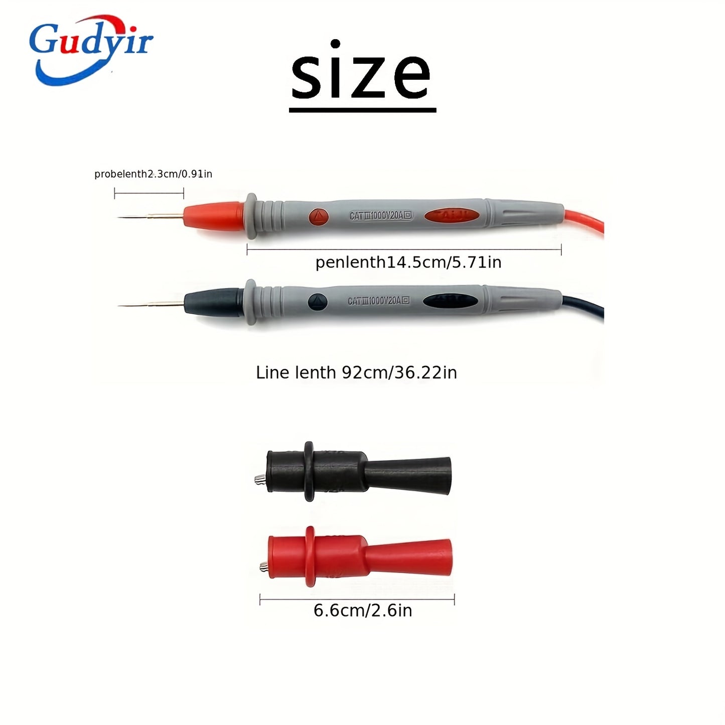 One set of universal multimeter test leads with alligator clips and various test probes for measuring AC/DC voltage up to 1000V and current up to 20A.