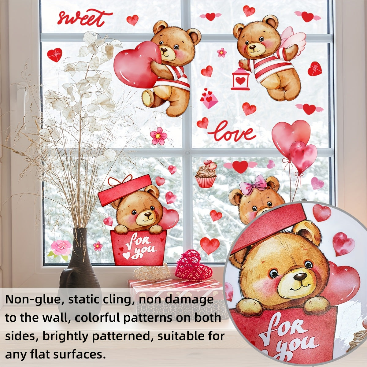 Valentine's Day Teddy Bear Heart Balloons Window Stickers - 2 Sheets, Made of Reusable PVC, Static Cling for Easy Application, Double-Sided Design for Enhanced Visual Appeal, Perfect for Holiday Decor, Model D10010-KQ.