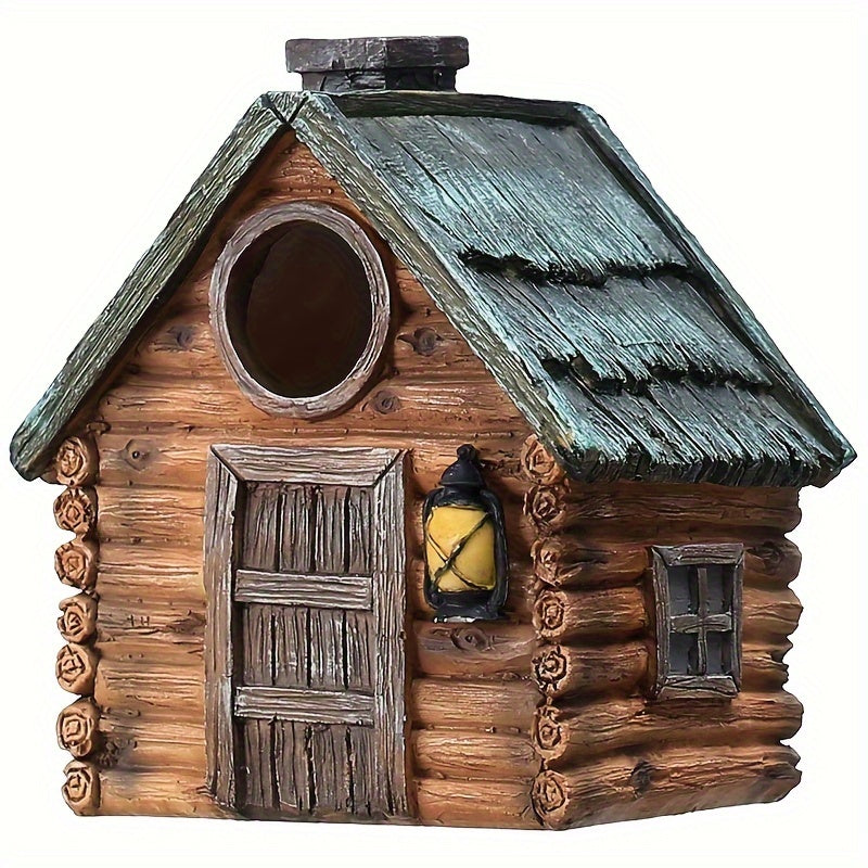 Wooden birdhouse with LED lights, ABS resin crafted, outdoor garden decor, winter nest for birds, hanging ornament.