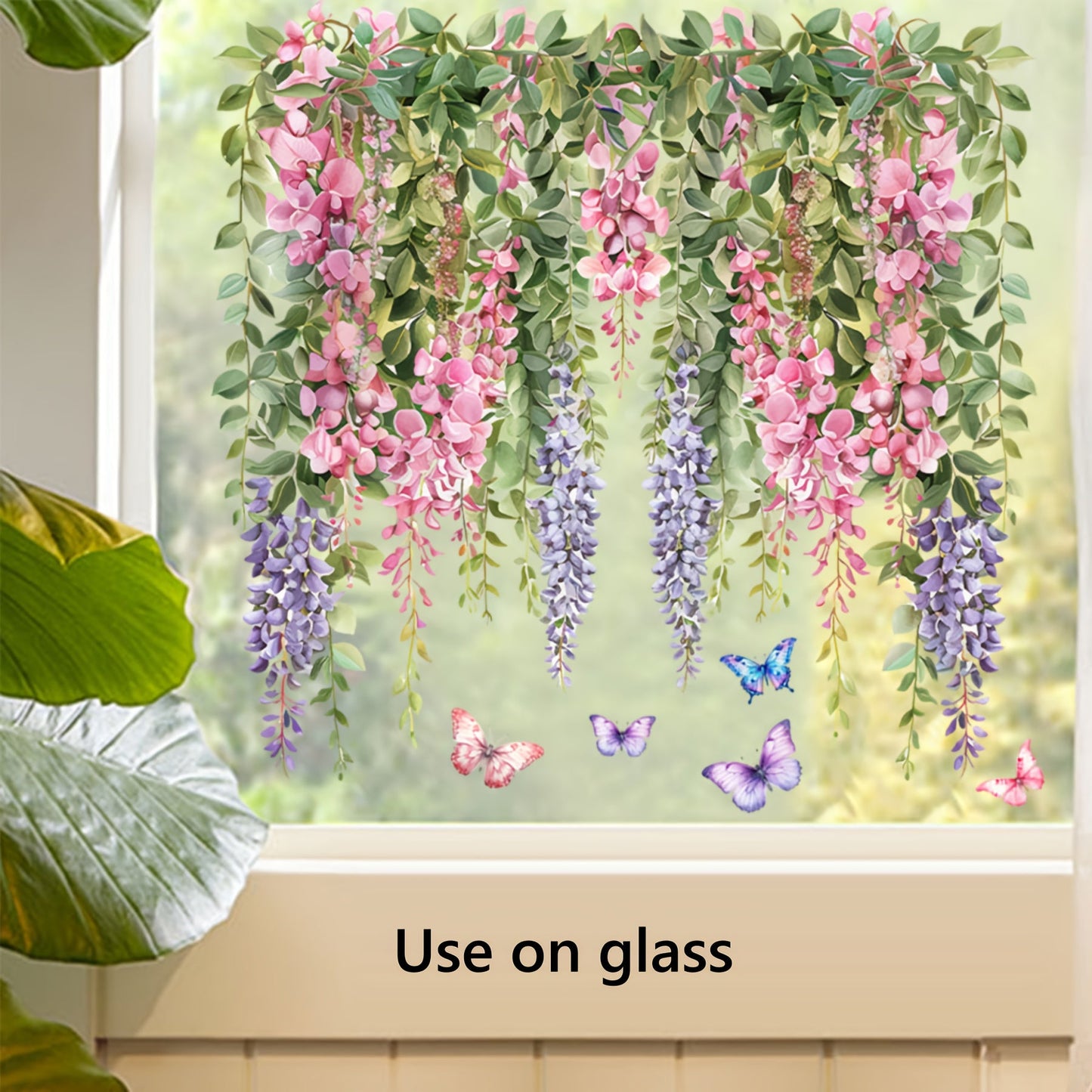 Decorate your space with a set of 1 piece creative vine and butterfly window clings in pink and purple. These floral decals are perfect for glass surfaces and require no glue. They are ideal for adding a touch of charm to your balcony, living room