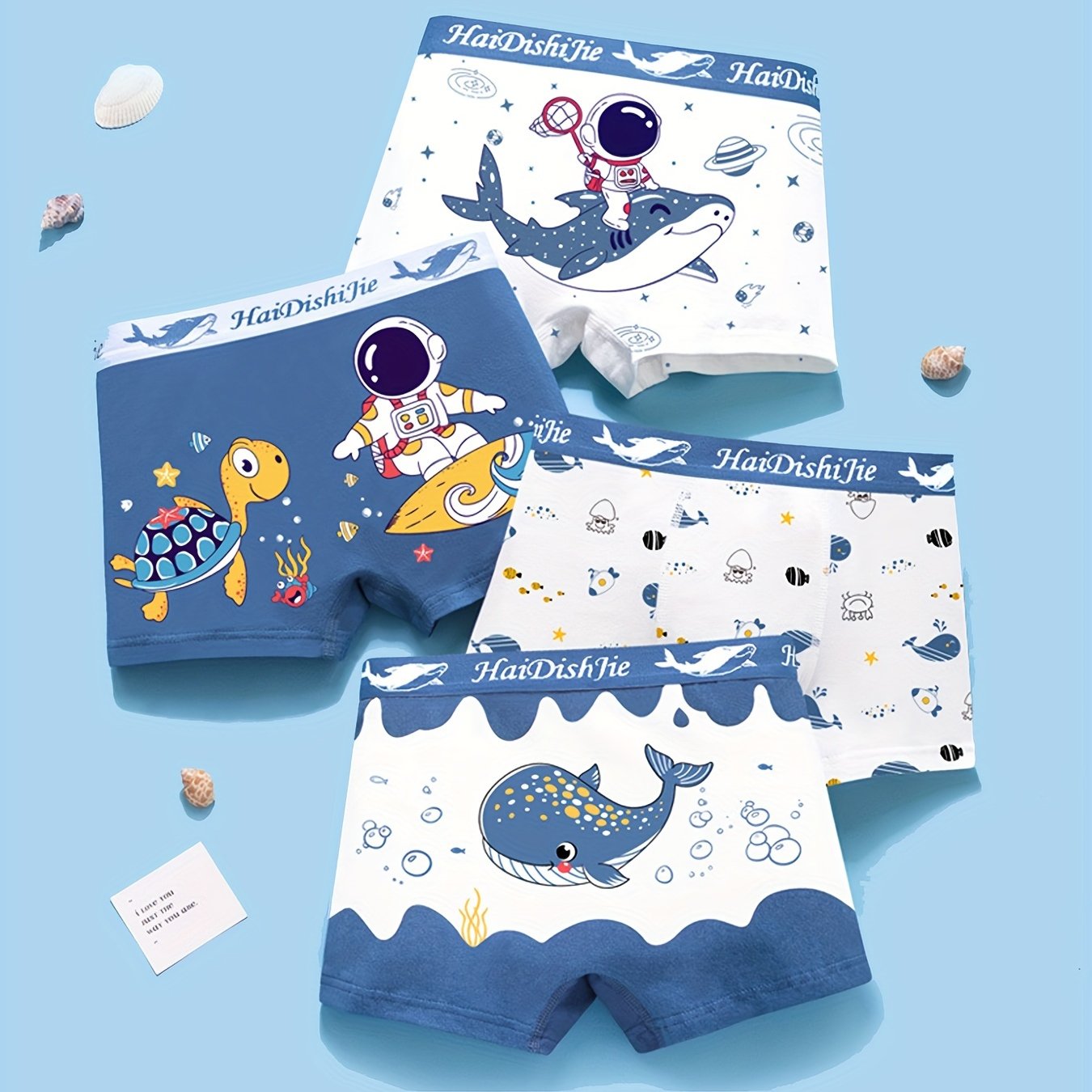 4pc Boys Boxer Briefs, Toddler Underwear with Astronaut and Turtles Print, Spaceman and Sharks, 95% Cotton.