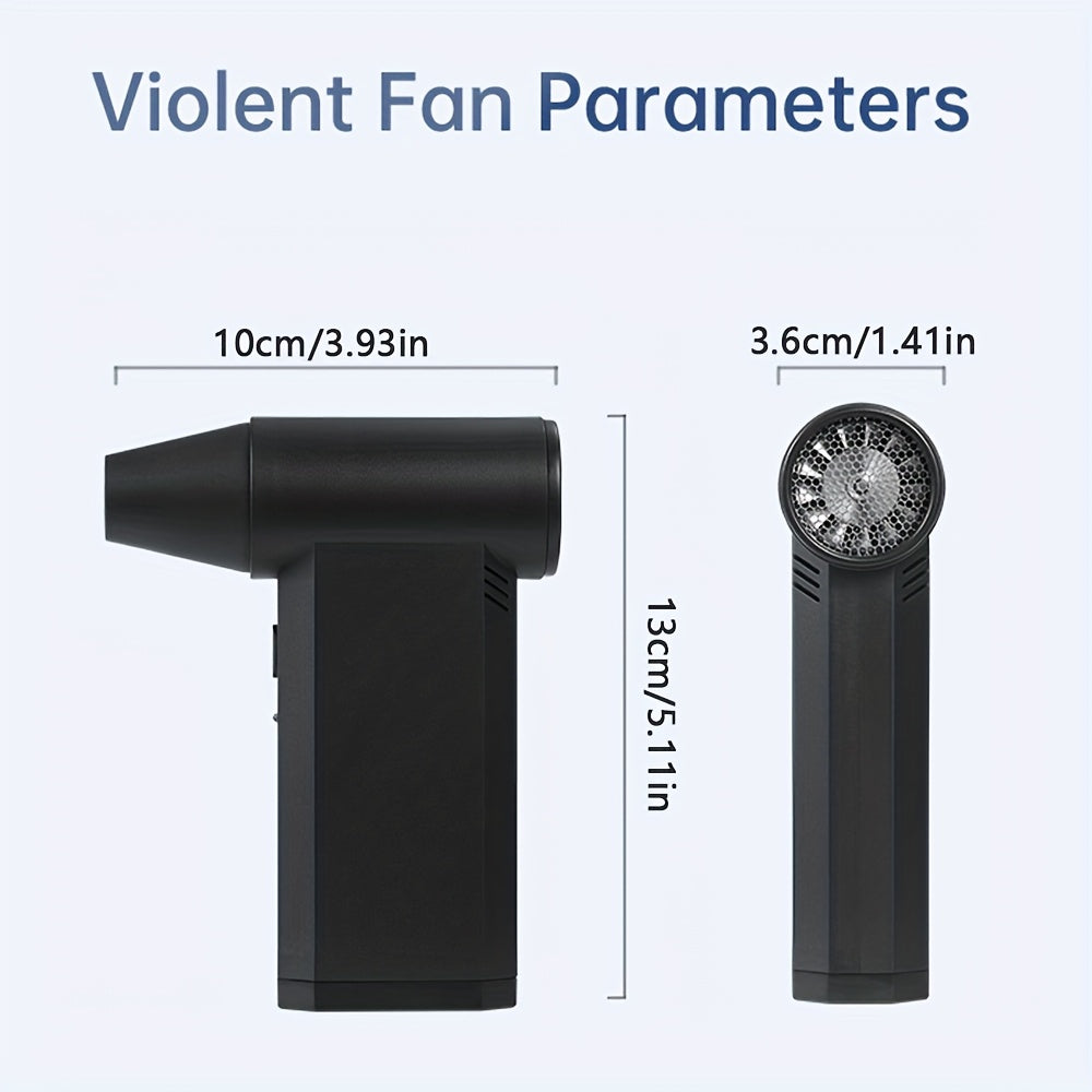 Portable high-speed handheld fan with rechargeable lithium battery for various uses such as keyboard, car, barbecue, pets, yard, and sofa. Features no brush motor, can be used as an outdoor