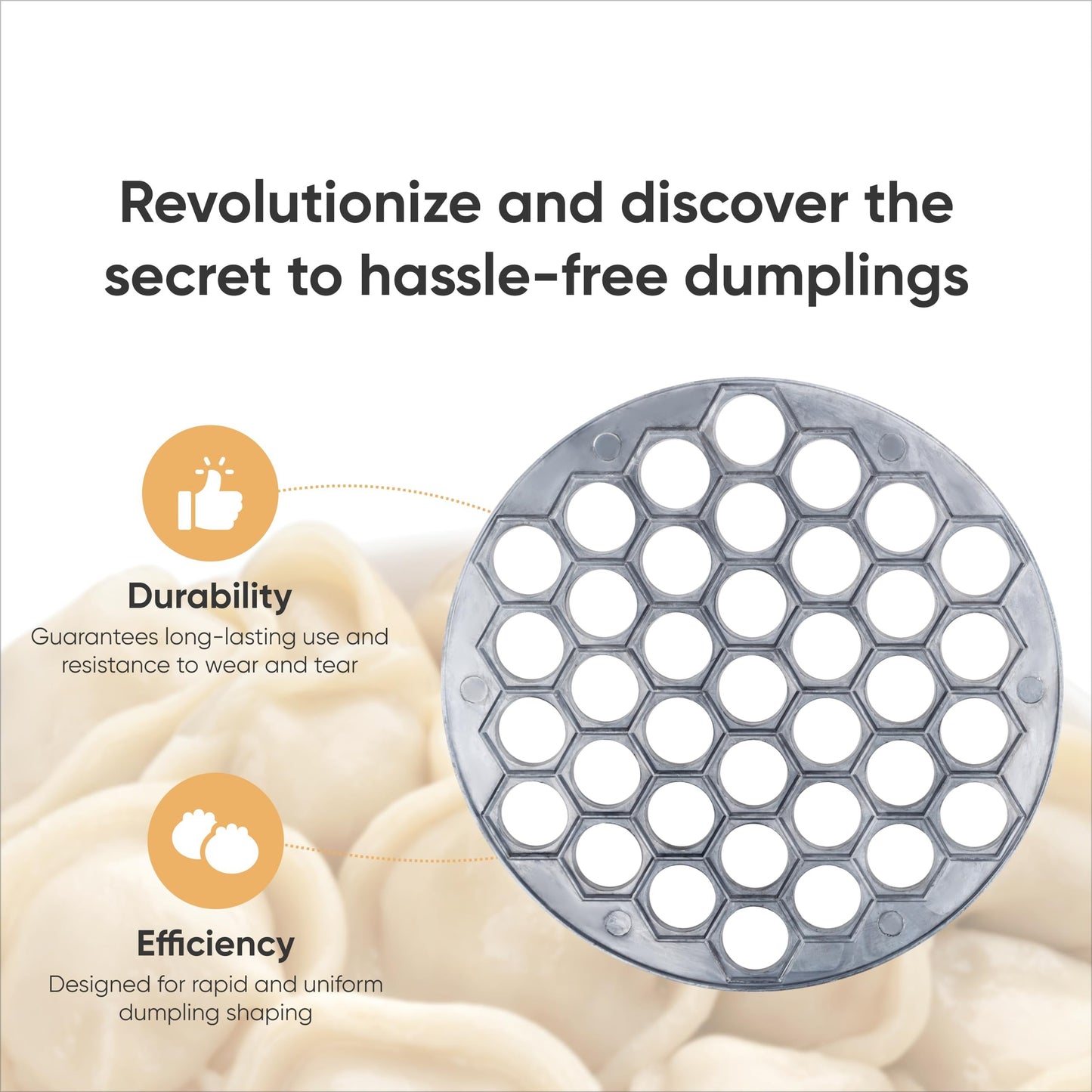 Convenient aluminum dumpling maker with 37 holes for making meat dumplings and other pastries at home. A must-have kitchen tool.