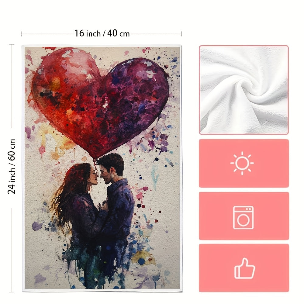 Set of 2 Romantic Heart Balloon Kitchen Towels - Made from Ultra Soft and Highly Absorbent Polyester, Machine Washable and Measures 40.64x60.96 cm - Features a Vibrant Artistic Design Perfect for Daily Use and Holiday Decoration, Dish Hand Towels