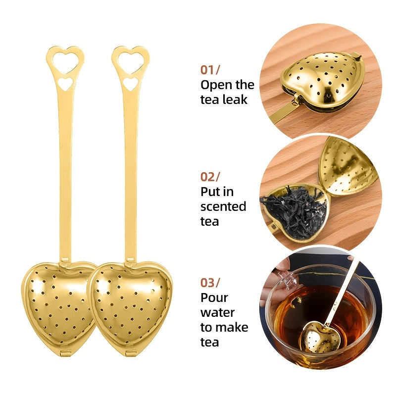 This collection features 1/5 golden heart-shaped stainless steel tea infusers, designed for brewing loose tea, roses, coffee, and spices. A perfect addition to any home and a thoughtful gift for the holidays, these infusers are ideal for giving to a