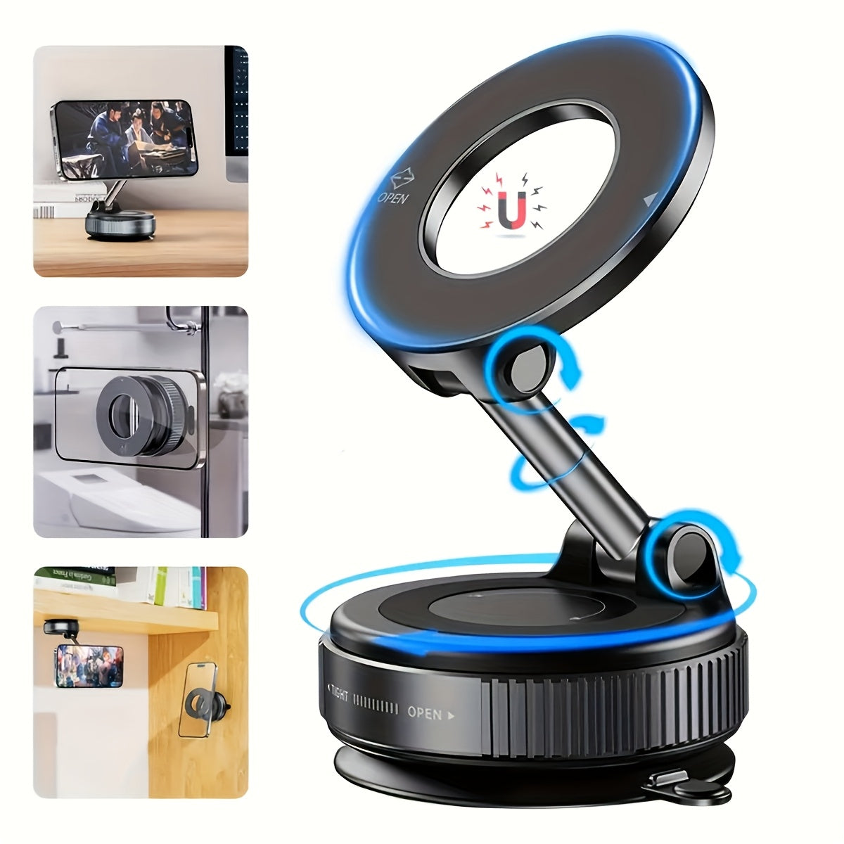 Super Strong Foldable Magnetic Car Mobile Phone Holder with 360° Rotation, Universal for all mobile phones, ideal for iPhone and Android. Suitable for car, gym, mirror, and other smooth