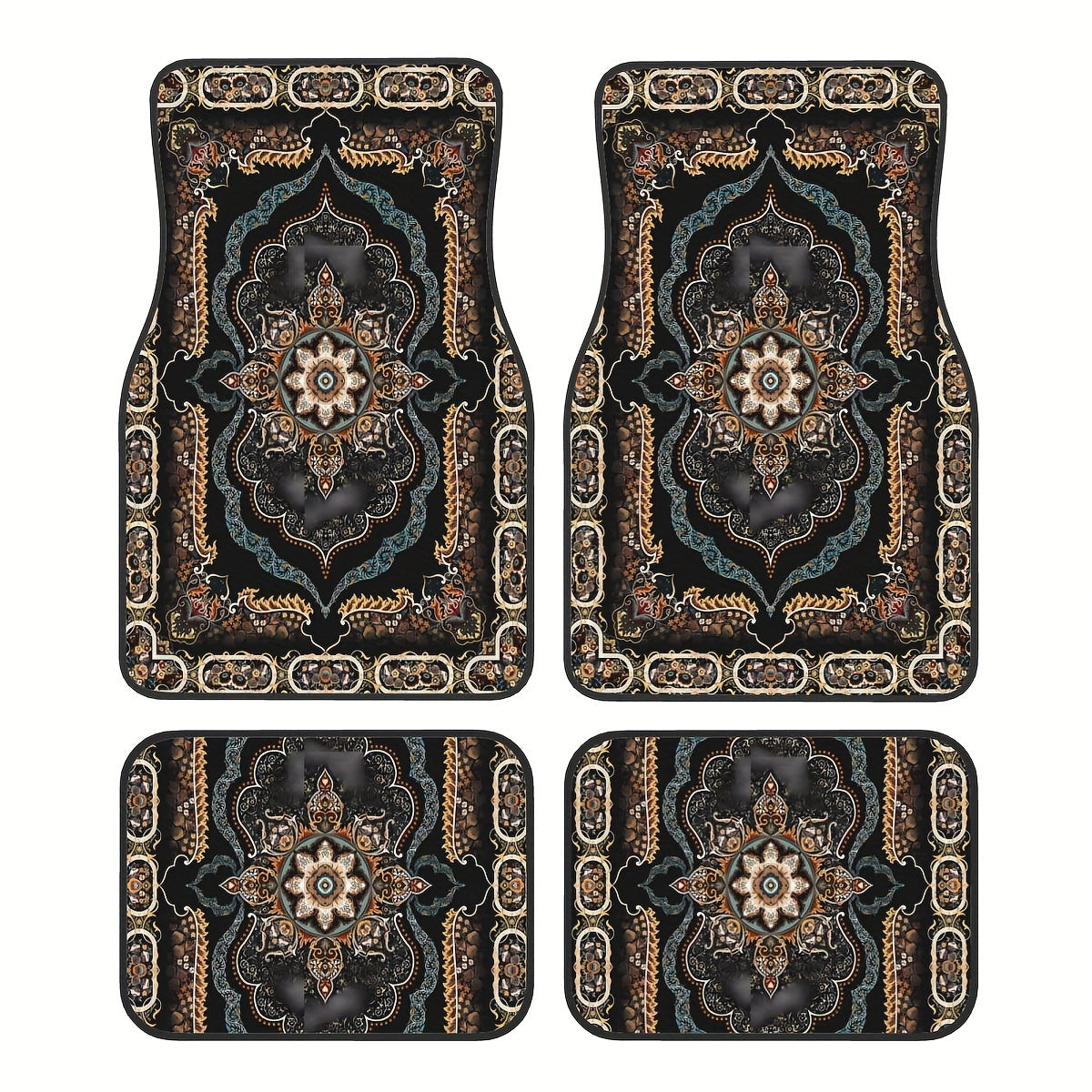 4pc Bohemian Pattern Car Rubber Mats, Non-Slip, Waterproof, Easy to Clean, Made from Synthetic Rubber for Front and Rear Vehicle Use.