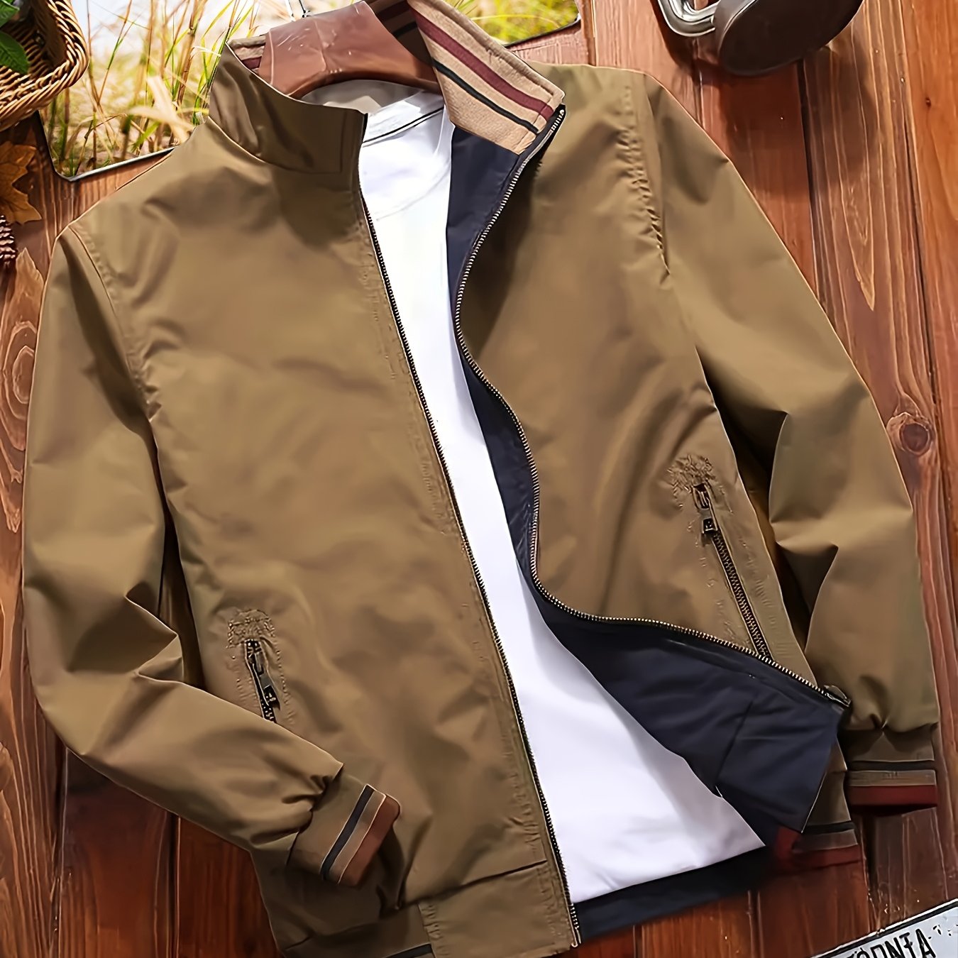 Reversible windproof jacket for men with military-inspired design, zip-up front, pockets, and long sleeves.