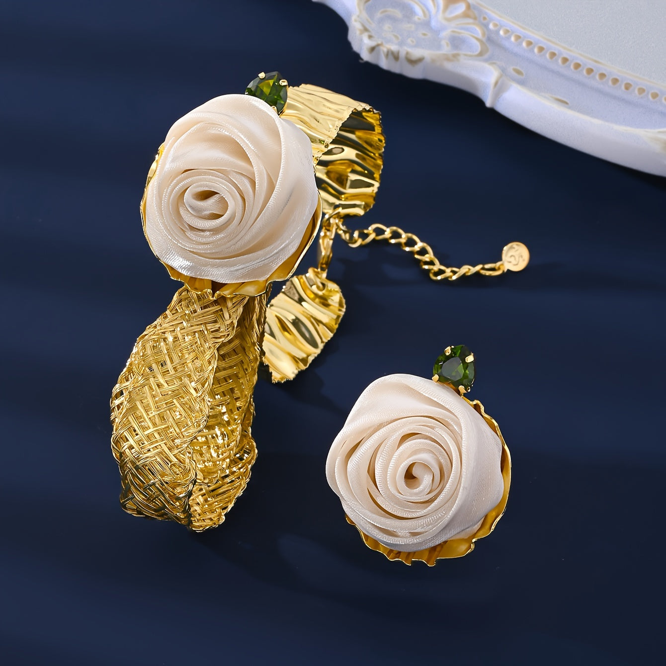 Middle Eastern Wedding Jewelry Set - Golden Rose Necklace, Exquisite Rose Earrings, and Ring. 4 pieces in total, perfect gift for a party or special occasion. Women's Jewelry Set.