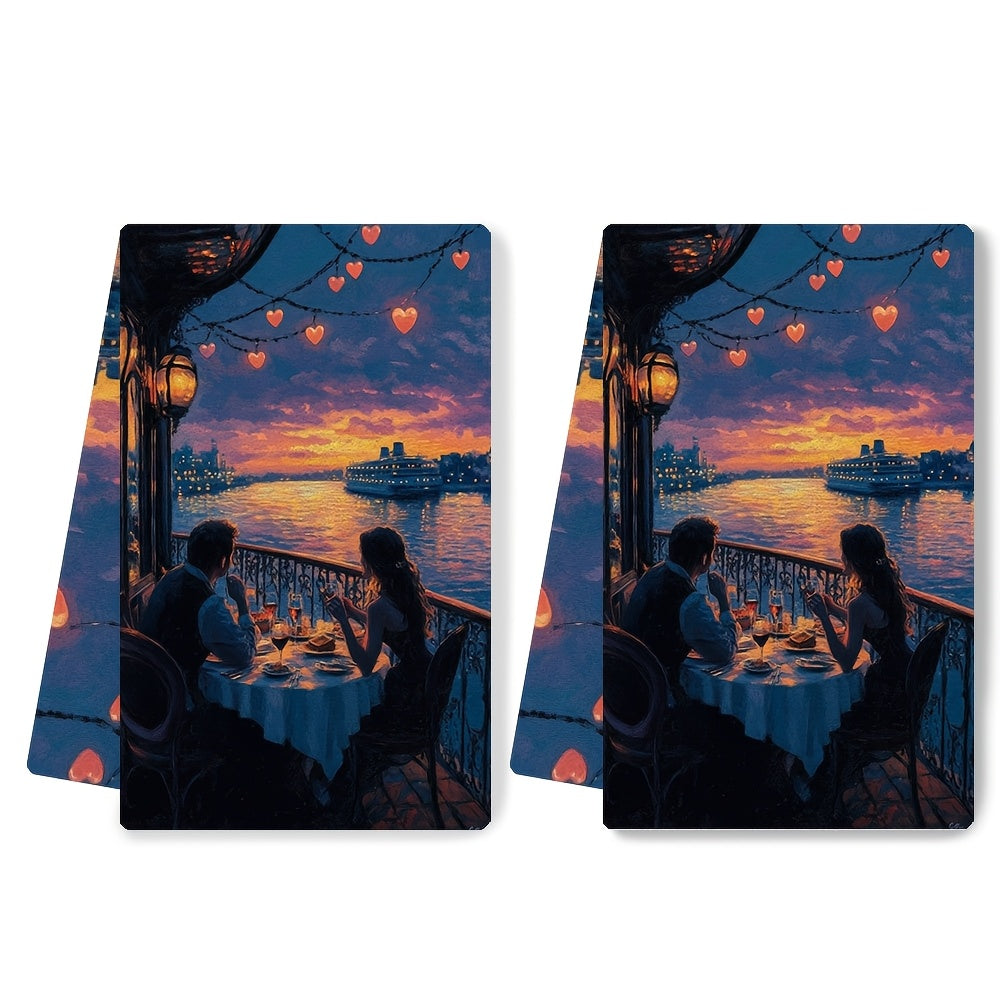 This set includes 2 ultra-soft kitchen towels with the artwork of a couple enjoying a dinner cruise. The scene depicts them dining at a table with a beautiful view, dancing to music, and surrounded by heart-shaped lights on the ship's railing. These