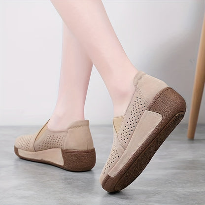 Breathable slip-on sneakers for women with hollow design, round toe, and non-slip PU sole.