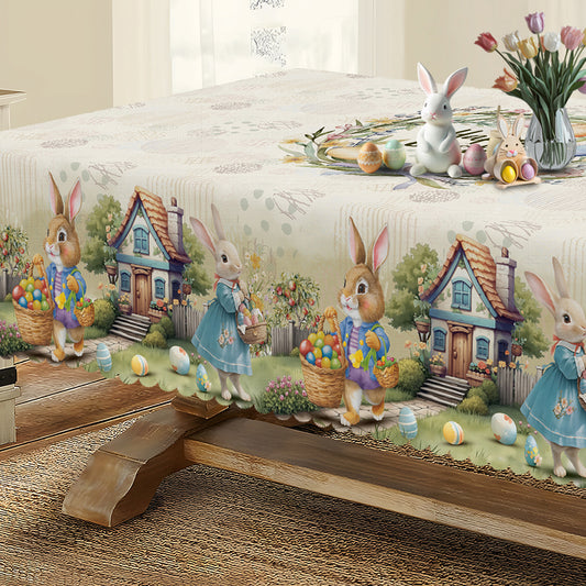 Vintage Easter tablecloth with Easter bunny, eggs, and farmhouse design. Ideal for spring and summer decor, Easter gifts, indoor/outdoor Easter parties, and farmhouse home decor.