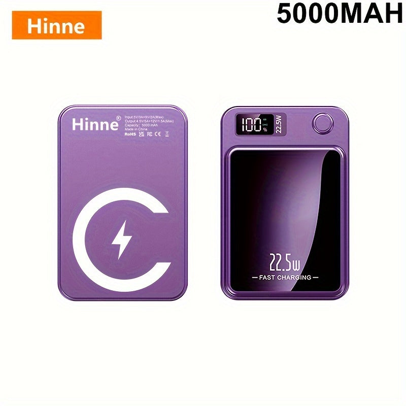 5000/10000mAh Hinne Mobile Power Bank with Super Fast Charge, Wireless Charging, LED Display, and Outdoor Emergency Backup.