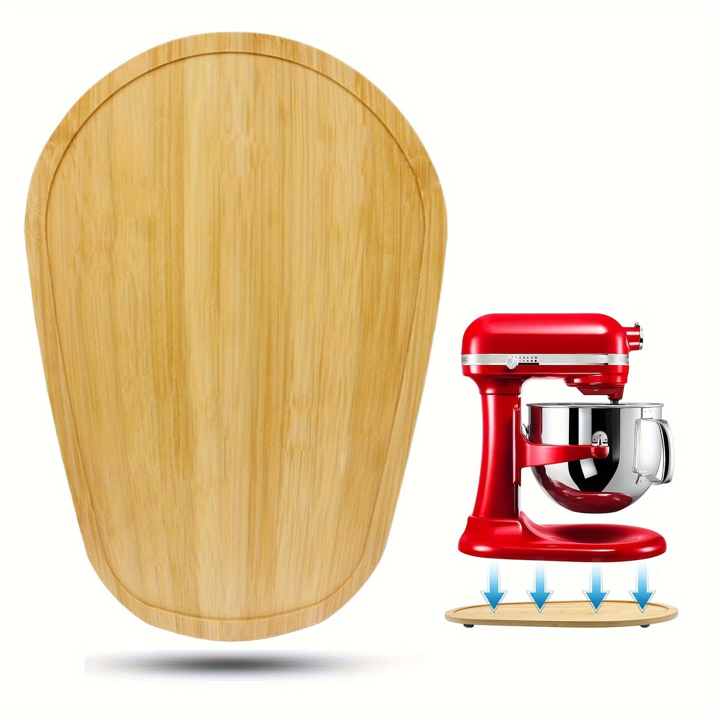 The Bamboo Mixer Moving Pad is designed to fit 5-8 Quart Stand Mixers, made from natural bamboo with no paint or smell. It is durable, resists mold and cracking, and easy to use. This countertop mixer storage and mobility accessory is a great addition to