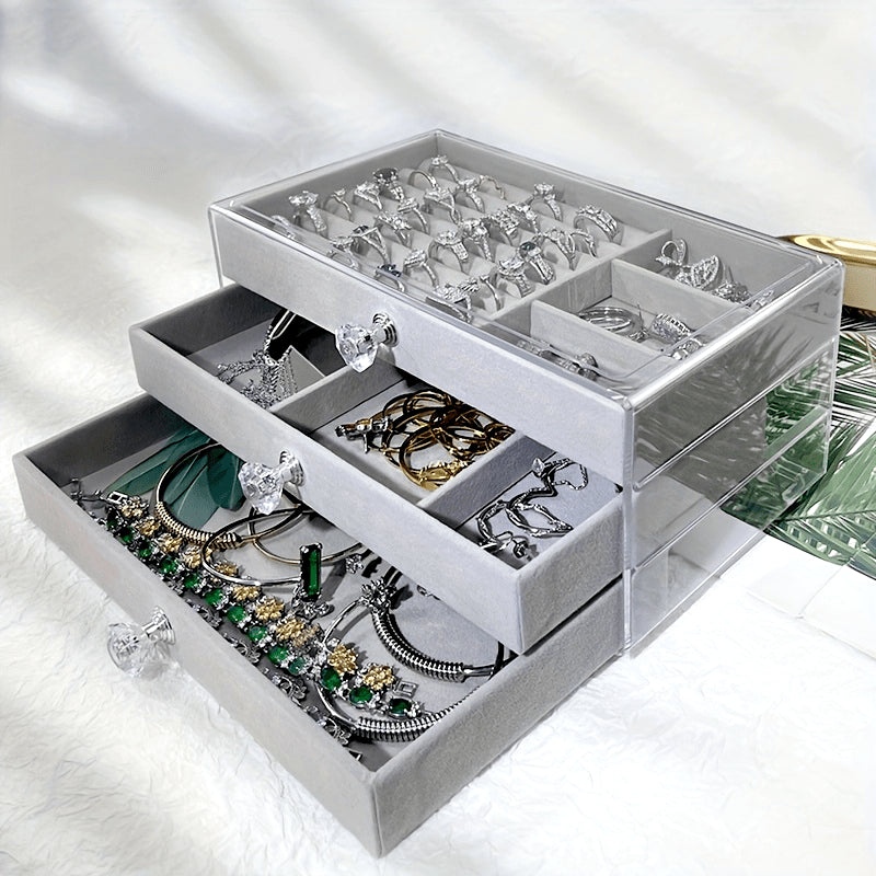 Jewelry Box with Three Layers for Organizing Earrings, Necklaces, and Rings, Transparent Design with Anti-Oxidation Protection