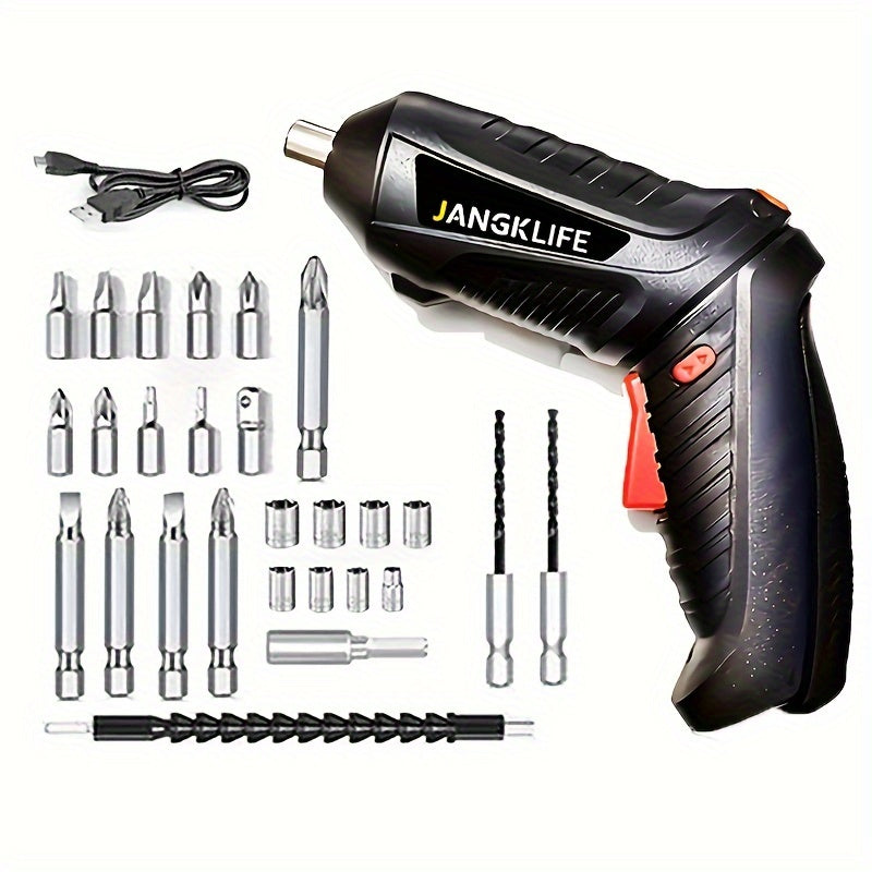 27-piece small hand-held electric screwdriver set with 90-degree rotatable, foldable hand drill screwdriver bits.