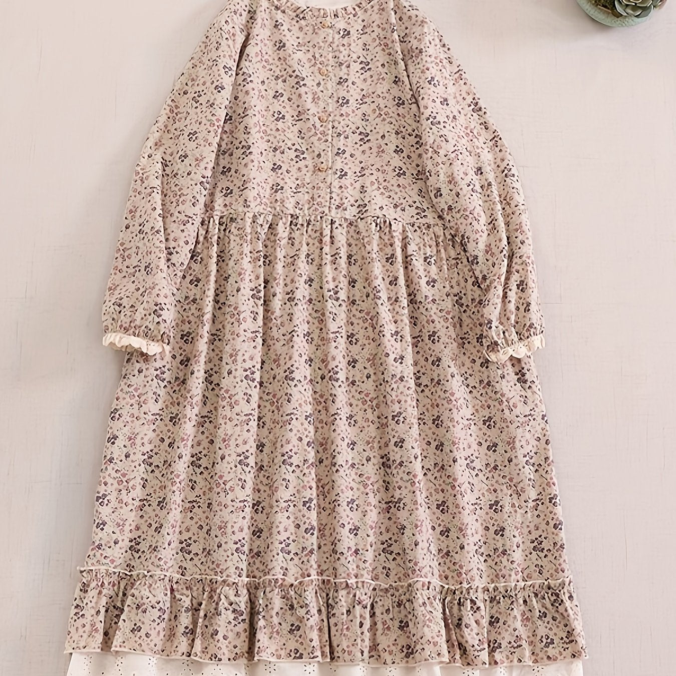 Japanese style floral long-sleeved dress with lace splicing, large hem, and linen skirt for women in Mori Girl's literary style.