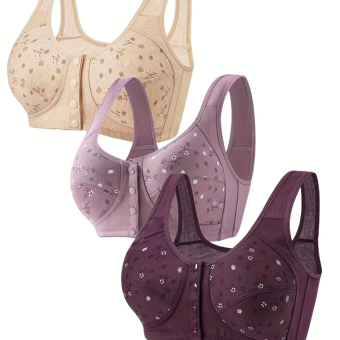 Set of 3 floral print front button wireless bras, comfortable and breathable, for women