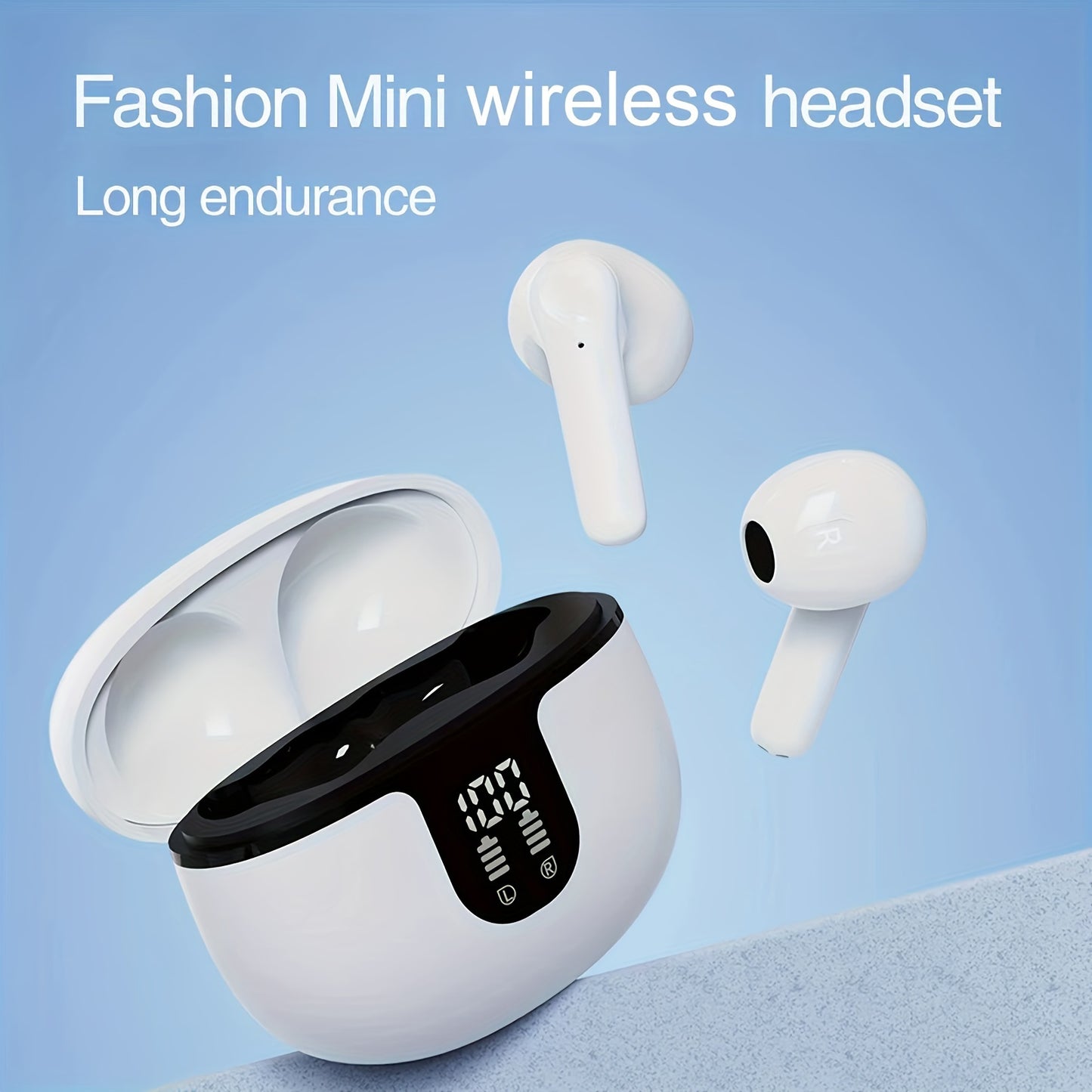 Wireless earbuds with 40 hours playtime, LED power display, microphone for iOS and Android phones.