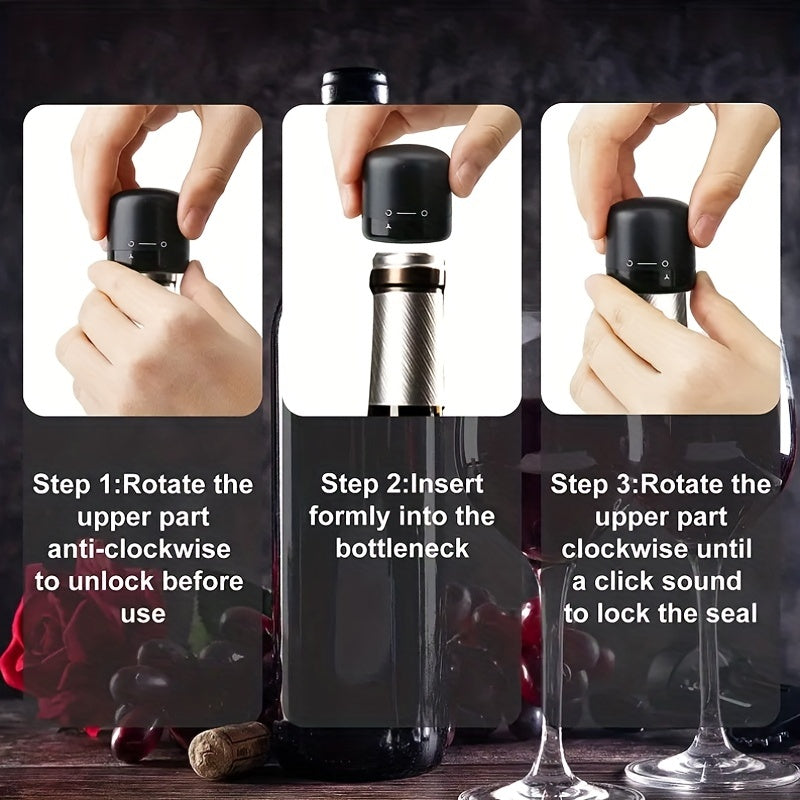 Black rotating wine stopper prevents leaks from red wine bottles, preserves freshness in kitchen and dining.