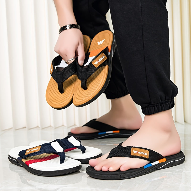 Stylish men's color block flip flops with non-slip rubber sole for indoor activities.