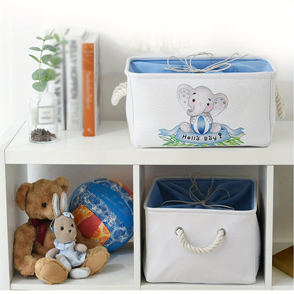 Blue Elephant Design Fabric Storage Basket with Lid - Collapsible and Stackable for Home Organization in Nursery, Wardrobe, or Shelf