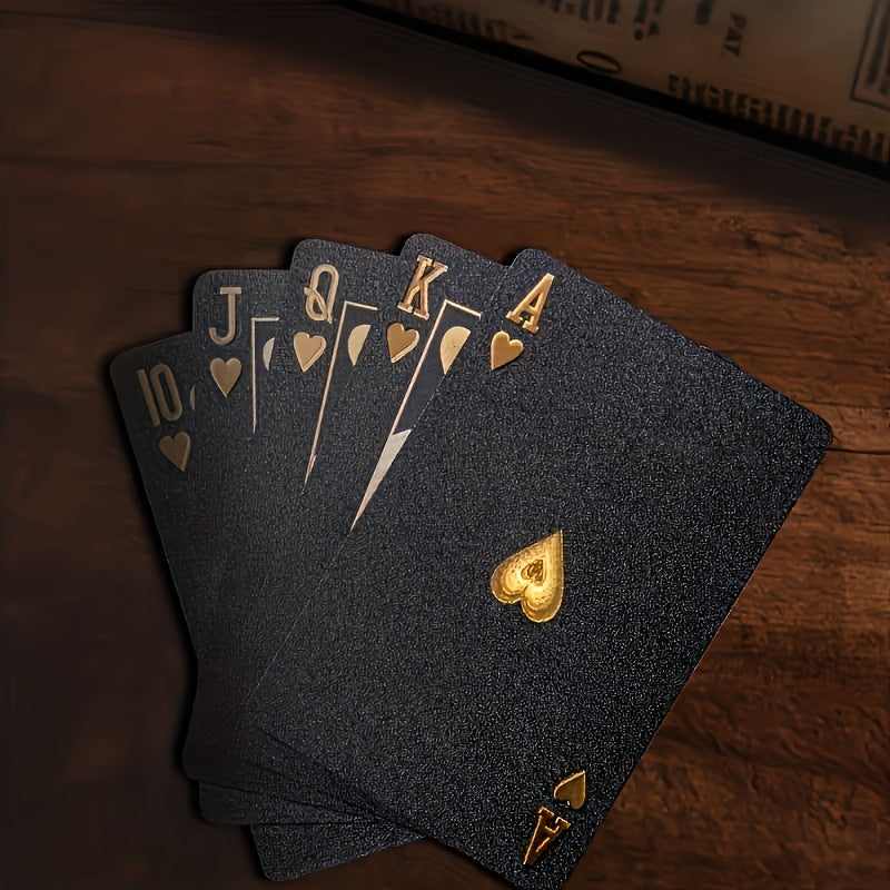 Durable plastic poker deck for tabletop games with waterproof black and golden foil design.