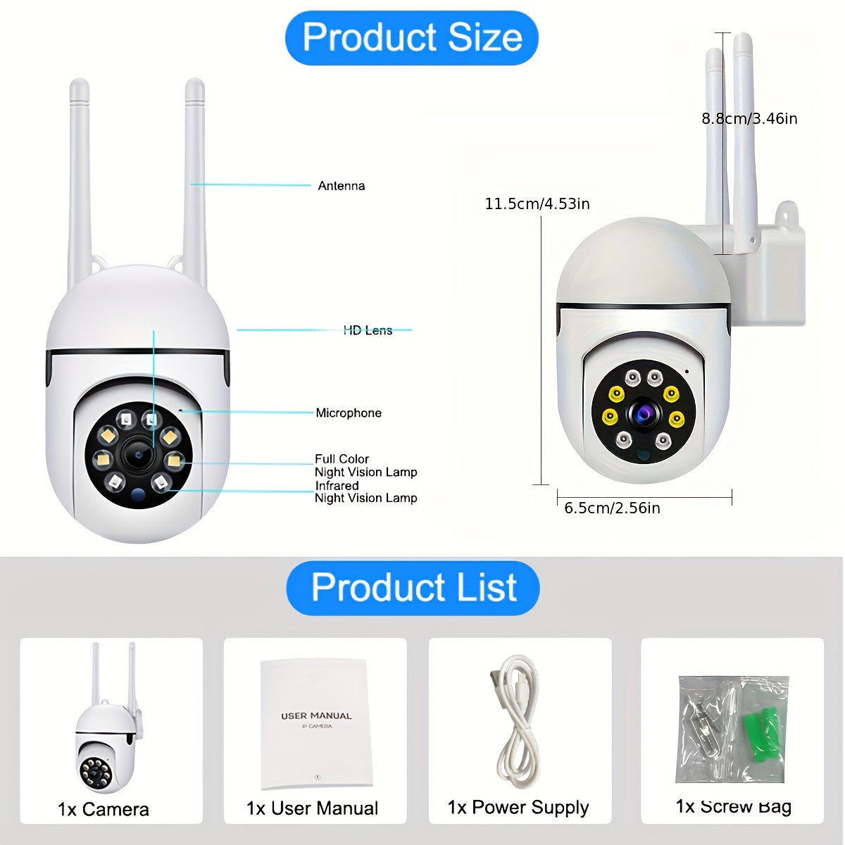 HD WiFi камера безопасности от Teruhal с поворотом/наклоном 355°, интеркомом, удалённым ночным видением для использования внутри и снаружи. Управление через приложение для смартфона, беспроводное с возможностью хранения на TF-карте/в облаке.