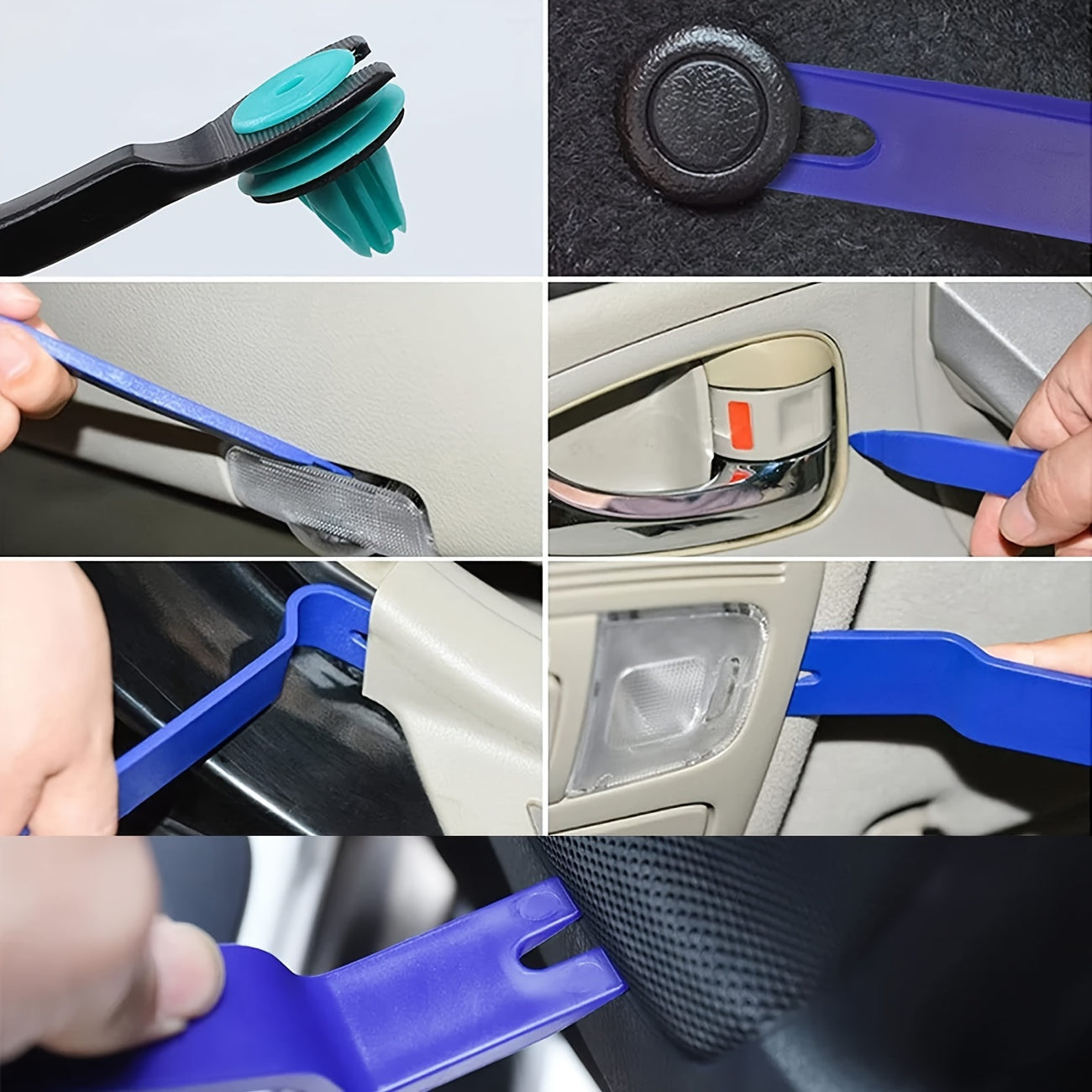 12-piece durable auto trim removal tool kit made of impact-resistant plastic for interior trim care without scratching car panel door window.