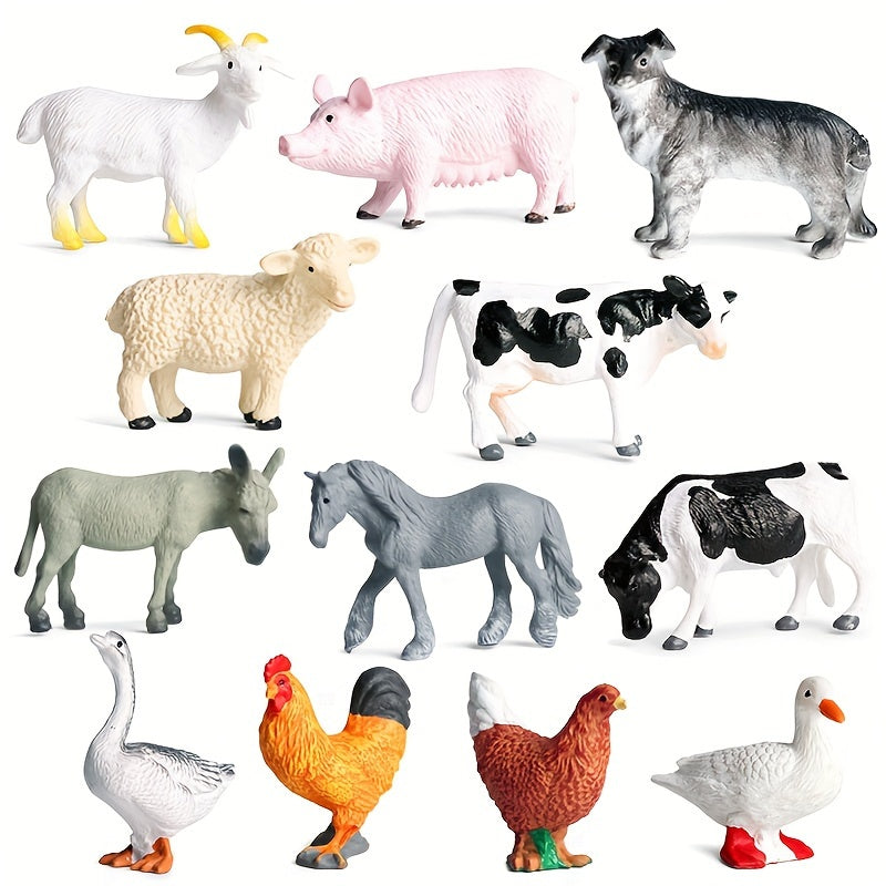 12-piece Farm Animal Figures Set for children aged 3-6, educational PVC miniature play animals featuring chickens, ducks, geese, horses, and cows for science and cognitive development.