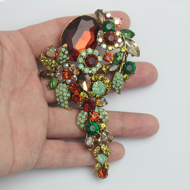 Retro-Style Oversized Crystal Glass Brooch - Elegant Alloy and Rhinestone Lapel Pin for Women's Fashion Ensemble