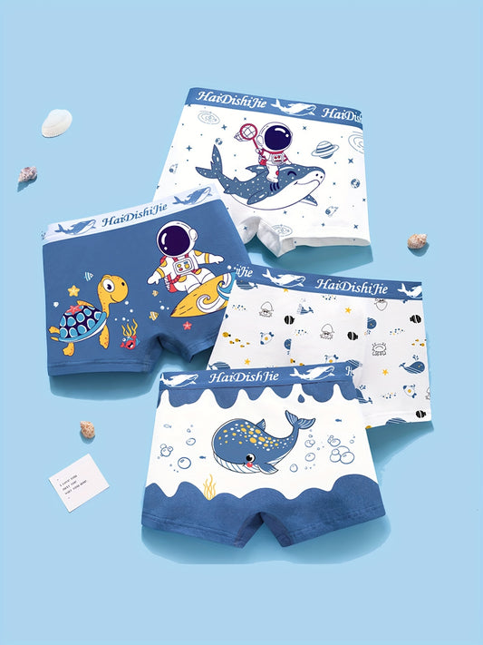 4pc Boys Boxer Briefs, Toddler Underwear with Astronaut and Turtles Print, Spaceman and Sharks, 95% Cotton.