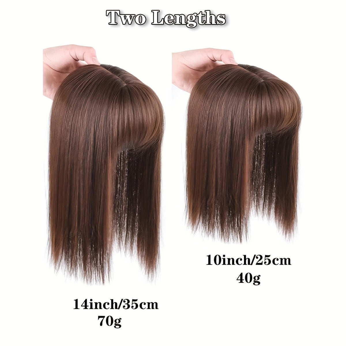 Straight synthetic hair pieces for women that seamlessly clip in to provide a natural-looking bang, with an invisible white cover and hair clips.