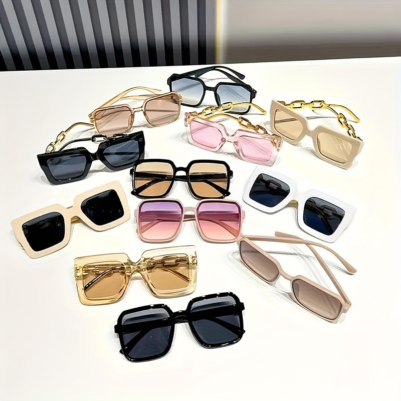 12 pairs of personalized golden-plated chain temple glasses, 6 pairs of large square frame dopamine color matching glasses, and a total of 12 pairs of glasses in the set.