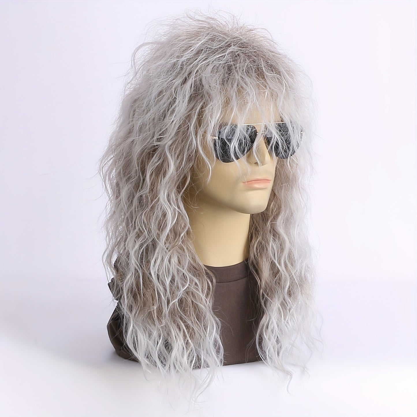 Long curly hair rock and roll wig, paired with a punk costume featuring a hint of golden wig - the ideal 80s Halloween look.