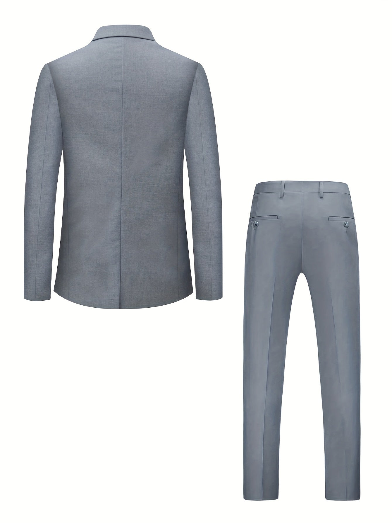 Men's gray two-piece business suit jacket with pockets still sewn shut.