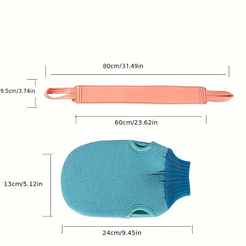 Комплект из 2 предметов включает в себя банное полотенце, чесалку для спины и скрабирующие перчатки.