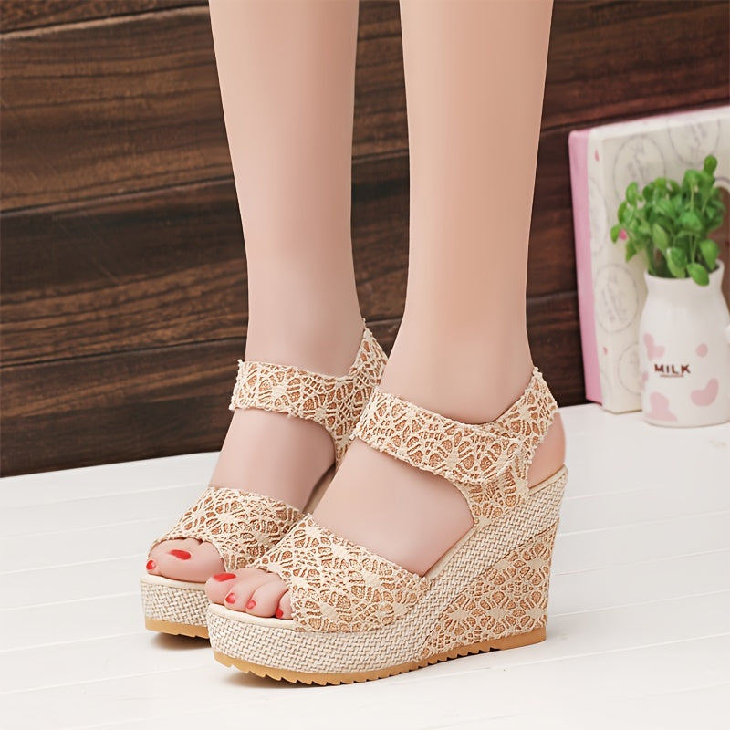 Beige lace platform sandals with round toe, high heel, hook & loop closure, synthetic upper & insole, rubber sole. Perfect for formal events.