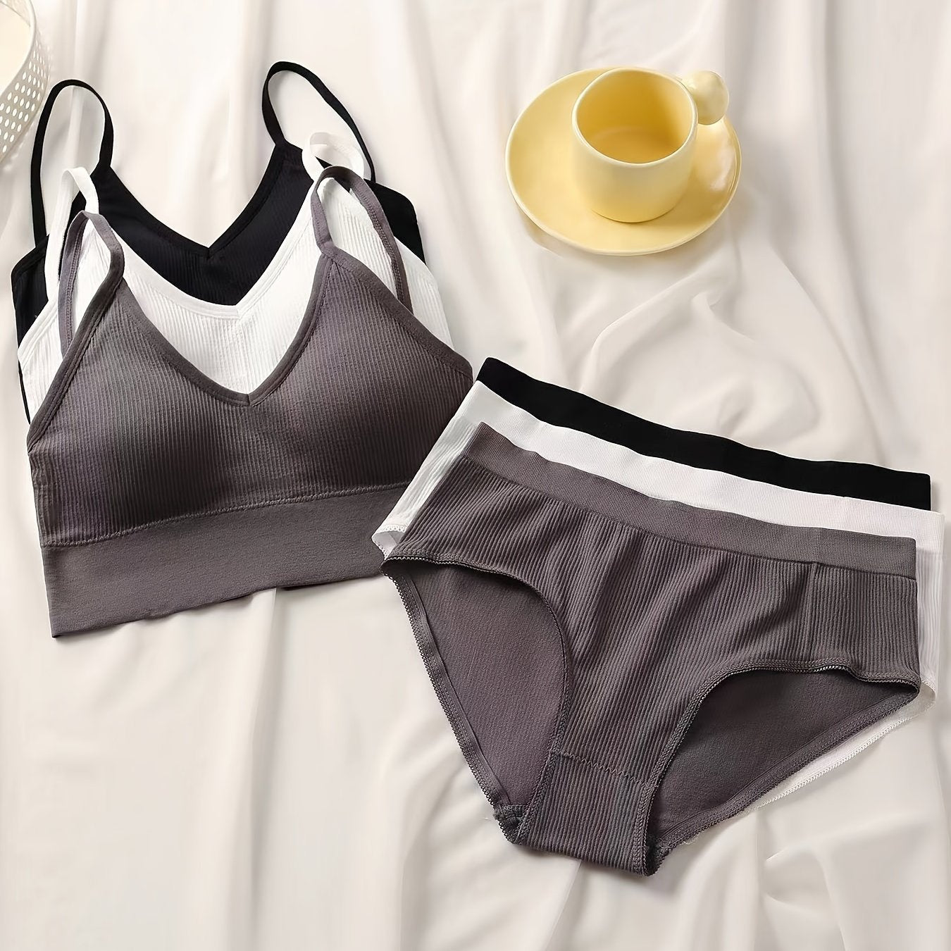 3-piece Elegant Lingerie Set with Seamless Ribbed Cami Bra and Panties for Women.