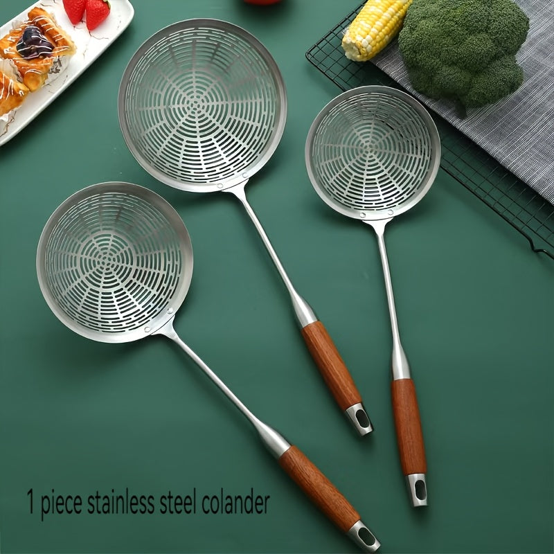 Premium Fry Cook Stainless Steel Strainer Skimmer with Wooden Handle, Durable, Dishwasher Safe, Brushed Finish, Available in Sizes 14.1cm, 16.0cm, and 18.29cm - Ideal for Kitchen Cooking Utensils