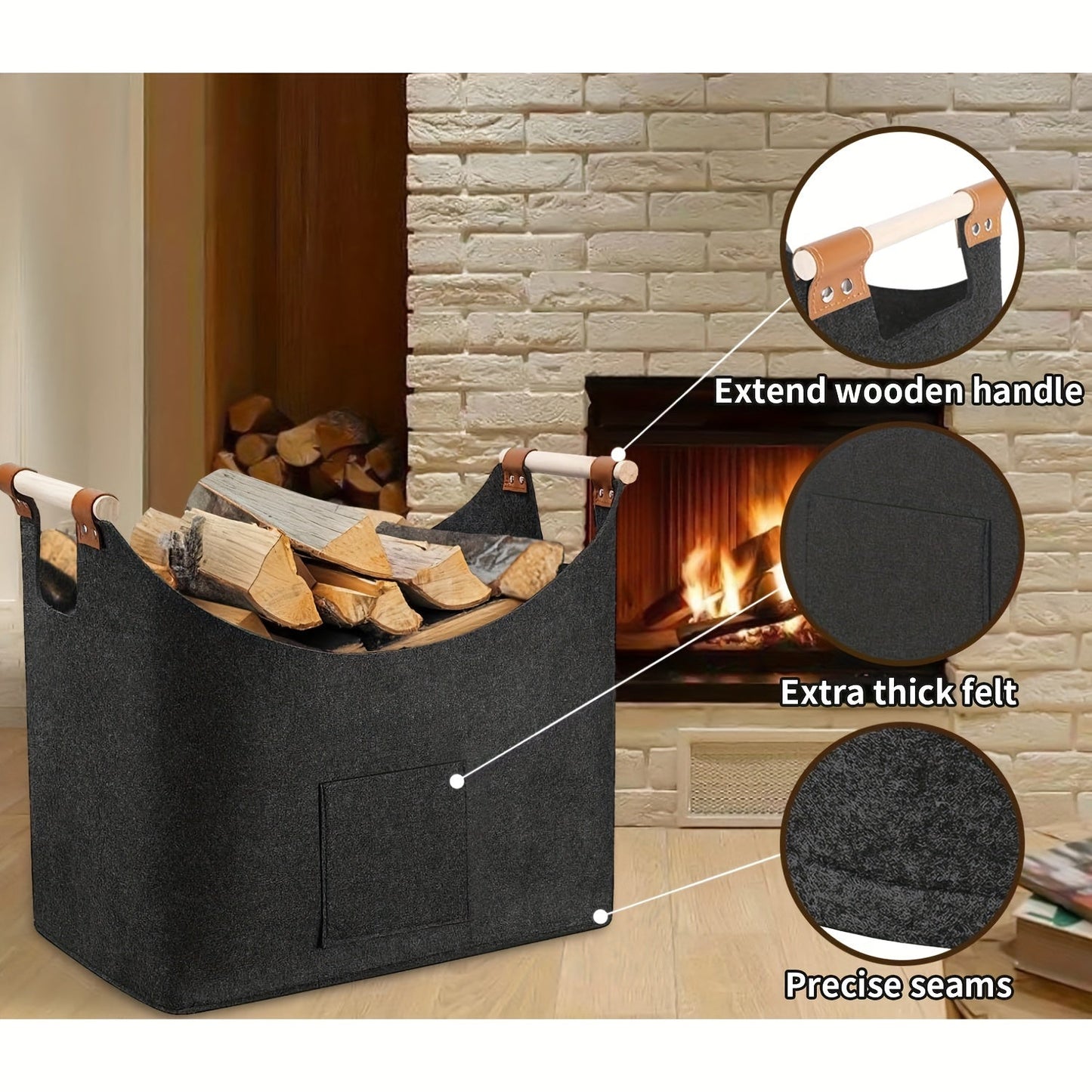 Extra Large Foldable Log Basket for Fireplaces, 55L Stronger Felt Wood Basket with Longer Handles, Ideal for Indoor Wood Burner, Holds Firewood & Vegetables, Dark Gray Color