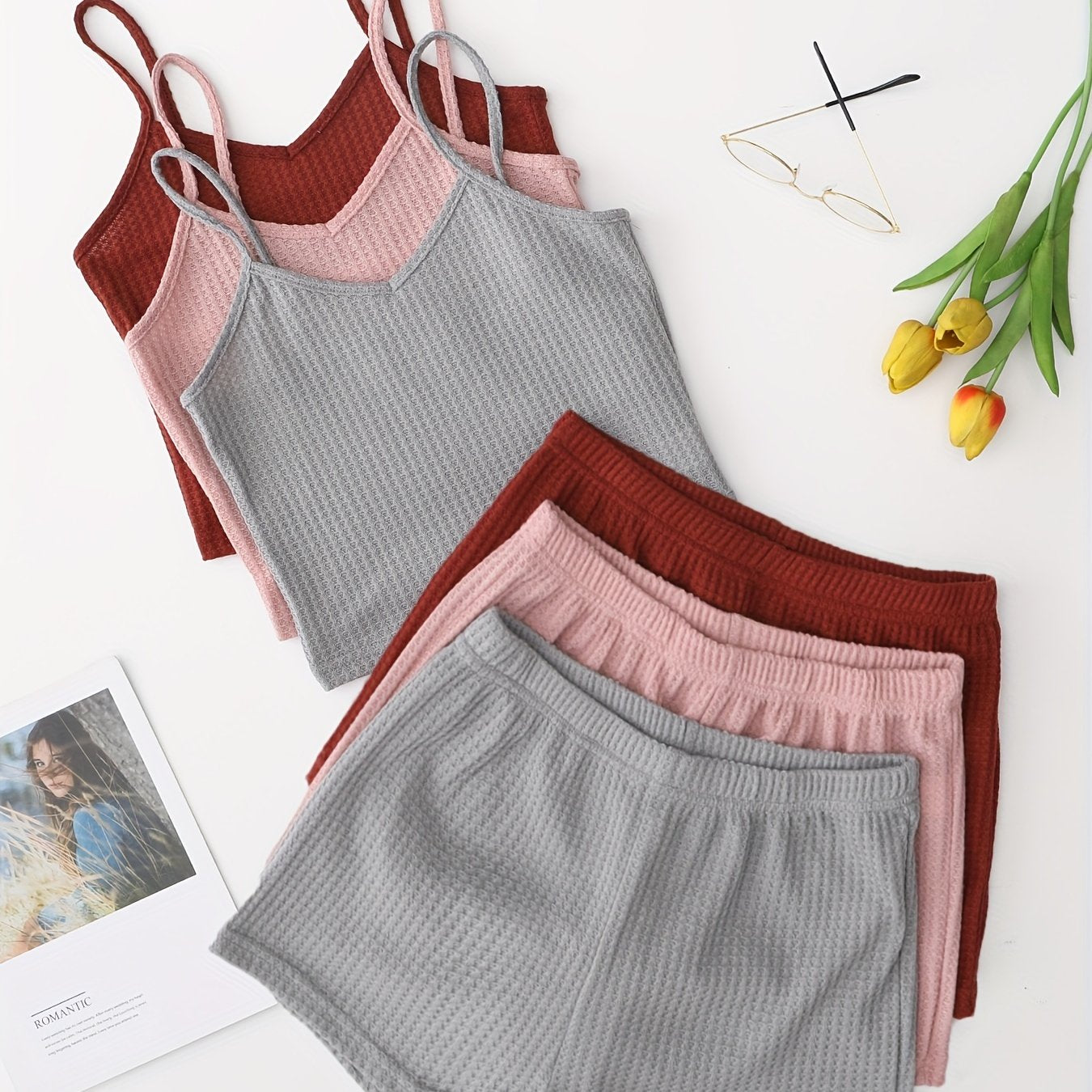 3-piece waffle lounge set for women: cami top, shorts with elastic waistband. Loungewear and sleepwear.