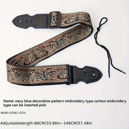 Wide thick embroidered guitar strap suitable for acoustic and electric bass guitars, featuring trendy street style in mixed colors and fabric material.