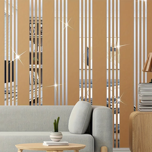 Self-adhesive elastic wall stickers in gold, silver, and black colors. Made of acrylic mirror strips. Removable and versatile for various uses. Size: 0.59*17.71in.